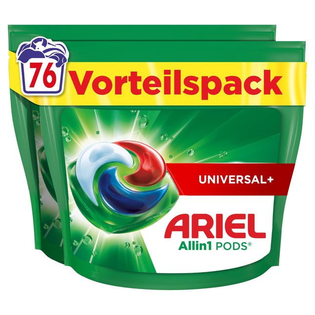 Ariel Laundry Detergent Pods All-in-1, Liquid Laundry Detergent Capsules 76 Loads, Universal+, Powerful stain removal from the first wash