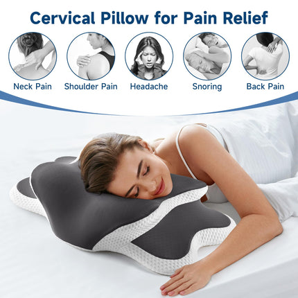 YunNasi Memory Foam Pillow, Ergonomic Neck Support Pillow, Orthopedic Pillow, Side Sleeper Pillow, for Side, Back &amp; Stomach Sleepers with Washable Cooling Ice Silk Cover