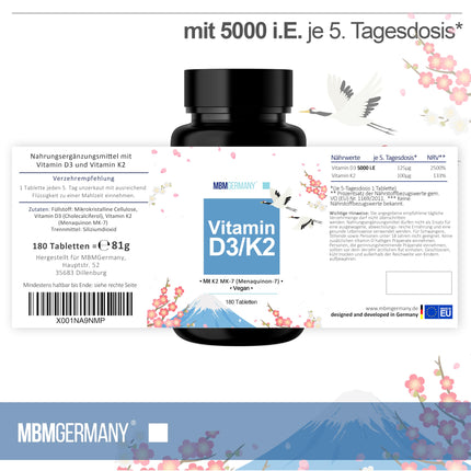 Vitamin D3 + K2 Tablets - 180 Tablets 5,000 IU [DEPOT] - High-dose vitamin D3 and 100 mcg vitamin K2 per ONE tablet - High-quality: Manequinon MK7 - Laboratory-tested