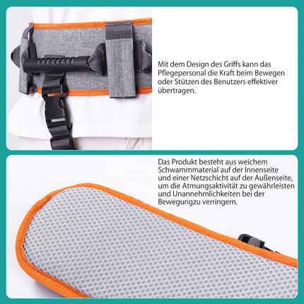 Patient Transfer Belt - Paralyzed Persons Body Lifting Aids - Orange-Gray Transfer Belts for Seniors with 7 Handles and Removable Leg Straps - Walking Safety Assistance Device.