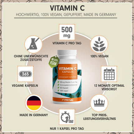 Vitamin C high-dose - 365 capsules - 500 mg buffered vitamin C - high-quality calcium ascorbate optimally dosed - no unwanted additives - laboratory-tested with certificate - one-year supply