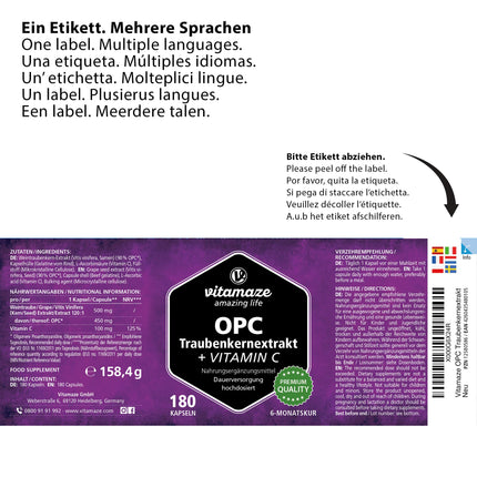 OPC grape seed extract capsules, certified, high-dose: 450 mg pure OPC, 180 capsules for 6 months, natural food supplement without additives, Made in Germany