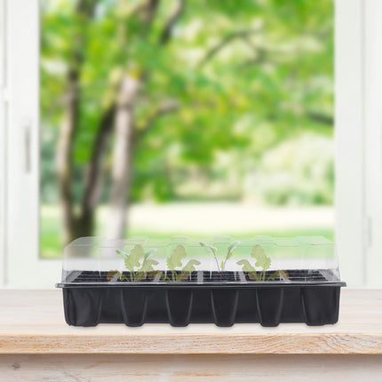 Relaxdays indoor greenhouse, set of 3, mini greenhouse for windowsill, 24 compartments each, growing tray with lid, black, plastic