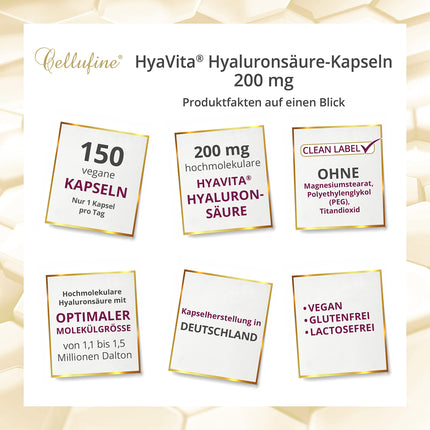 Cellufine® HyaVita Hyaluronic Acid 150 Capsules – high-dose, high-molecular, gluten-free, vegan – 150 gluten-free capsules with HyaVita Hyaluronic Acid | natural &amp; without preservatives