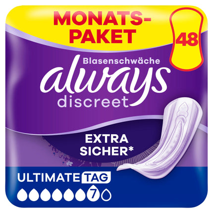 Always Discreet Incontinence Pads Ultimate Day Monthly Pack for Bladder Weakness, 48 ​​Pads (4 Packs x 12)