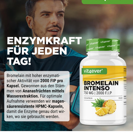 Bromelain Intenso - 750 mg (2000 FIP) - 120 gastro-resistant capsules - Natural pineapple extract - Laboratory tested - Vegan - High dosage