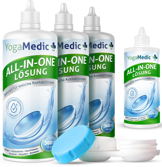 YogaMedic Contact Lens Solution - Lens Solution for Soft Lenses, 3 x 360 ml, 1 x 100 ml &amp; 3 Contact Lens Cases, Contact Lens Solution, All-in-One Combination Solution for Soft Contact Lenses