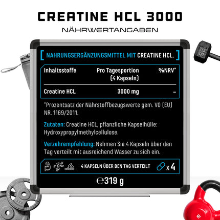 Creatine HCL - 365 Capsules - High Dose with 3000 mg - Pure Creatine Hydrochloride - High Absorption - High Bioavailability - Vegan