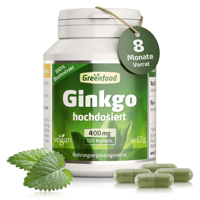 Ginkgo Biloba, high-dose, 400 mg - 120 capsules, vegan. Pure leaf extract with vitamin B5 - supports cognitive function. No artificial additives, laboratory-tested. From Greenfood.