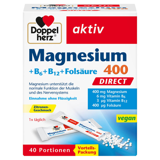 Doppelherz Magnesium 400 + B6 + B12 + Folic Acid DIRECT - Magnesium supports the normal function of muscles and the nervous system - 40 vegan servings