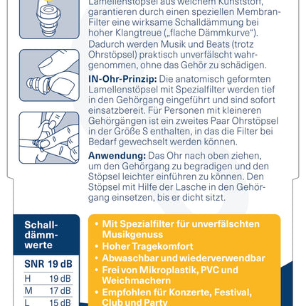 OHROPAX Music earplugs – with special filter – unadulterated sound with even attenuation – sound insulation value SNR 19 dB – ideal for concerts – 1 pair with inserted filter + 1 smaller pair of earplugs