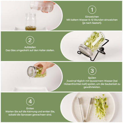 Sprouting Bottle Set of 2 for Seeds, Container for Home Growing with Sprouting Jar &amp; Stainless Steel Sieve – Includes Drainage Stand for Broccoli Sprouts, Alfalfa, Microgreens | Ideal for Sprouting Jars