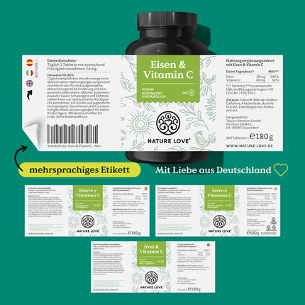 NATURE LOVE® Iron Tablets with Vitamin C - 240 Tablets - 20mg Iron and 40mg Vitamin C per Tablet - Highly Bioavailable Iron Bisglycinate (Iron Chelate) - Vegan, Produced in Germany