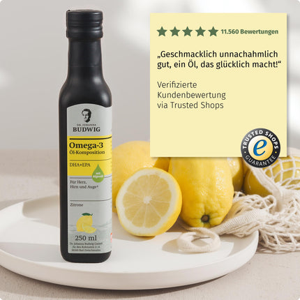 Dr. Johanna Budwig Omega 3 DHA+EPA Lemon (250ml) - Linseed oil &amp; Omega 3 algae oil - high dosage (EPA DHA) - vegan liquid algae oil, for children