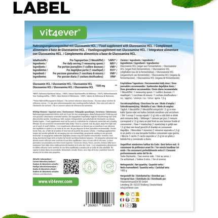 Glucosamine HCL Pure - 1000 g (1 kg) pure powder without additives - From plant fermentation - Laboratory tested - Vegan - High dosage - Premium quality