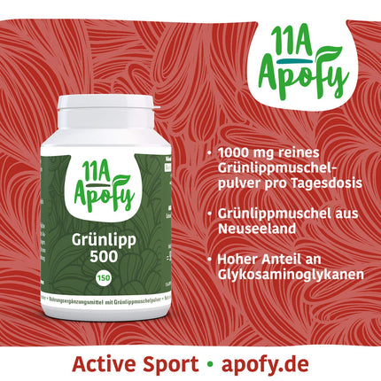Green-lipped 500 with green-lipped mussel from New Zealand, 1000 mg per daily dose, laboratory-tested, 150 capsules