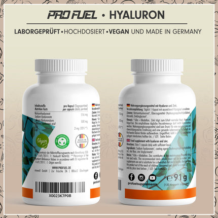 Hyaluron capsules 120x - optimally dosed with 500 mg hyaluronic acid per day - high-quality 500-700 kDa hyaluronic acid + 2 mg bioavailable zinc - laboratory-tested with certificate - 100% vegan