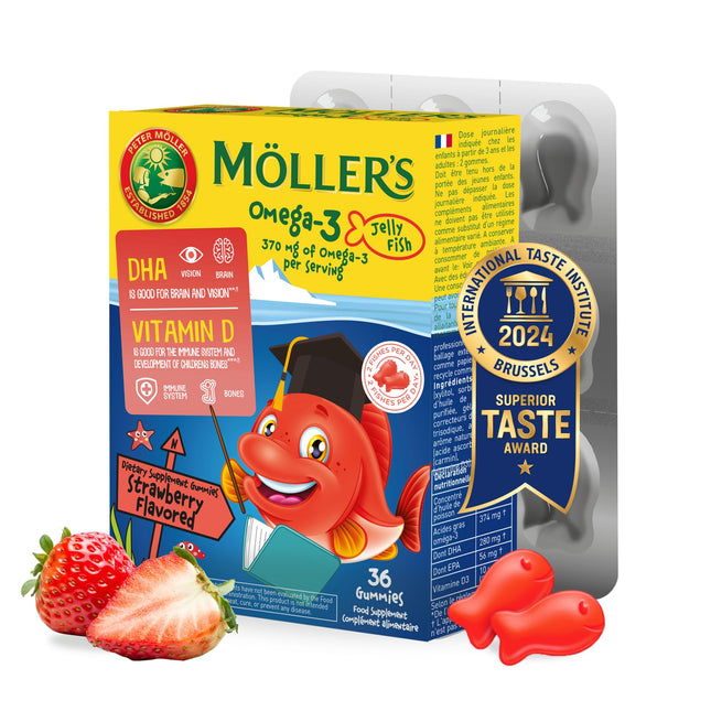 Möller's Omega 3 Capsules for Children | Natural Omega 3 Fish Oil with Strawberry Flavor | With DHA and EPA | Easy to Chew | Gluten-Free, Lactose-Free, and Sugar-Free | 36 Capsules