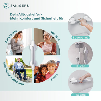 SANIGERS® Grab bar with suction cup - Extra strong hold 110 KG - Grab bar for shower without drilling, grab bars for seniors, bathtub handle without drilling, shower handle with suction cup, suction handle bathroom