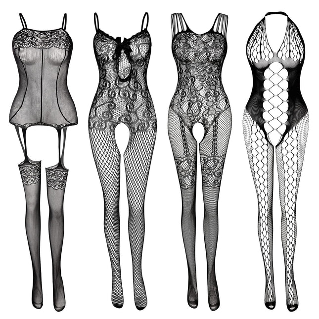 Women's Fishnet Bodysuits Lingerie Nightwear Lace Stockings Flowers for Romantic Date Wear Sexy Lingerie Black (4Pack)