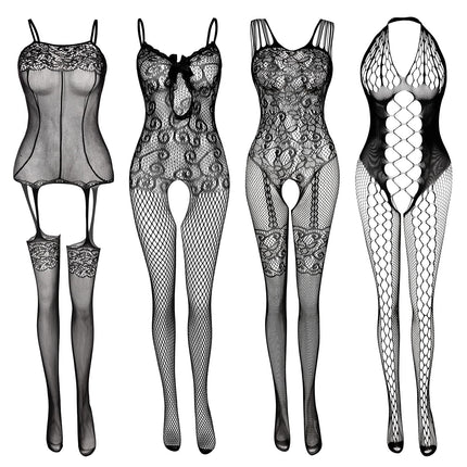 Women's Fishnet Bodysuits Lingerie Nightwear Lace Stockings Flowers for Romantic Date Wear Sexy Lingerie Black (4Pack)