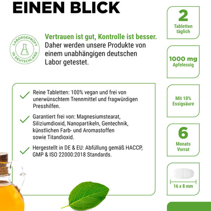 Apple Cider Vinegar - 365 Tablets - High Dose with 1000 mg per Daily Serving - With 10% Apple Acetic Acid - 6 Month Supply - No Unwanted Additives - Vegan