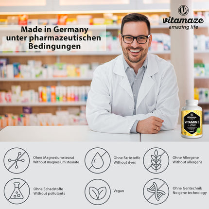 High-dose vitamin C 1000 mg + zinc, vegan &amp; optimally bioavailable, 180 tablets for 6 months, natural food supplement without unnecessary additives, made in Germany