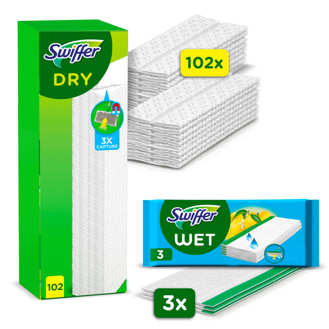 Swiffer Floor Mop with 102 Dry Floor Cloths Picks Up Dirt and Locks It in (+3 Wet Floor Cloths as Sample Pack)