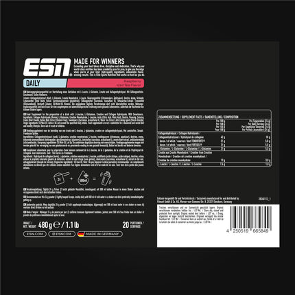 ESN Daily, Raspberry Iced Tea, 480 g, with glutamine, creatine, collagen &amp; L-leucine - made in Germany