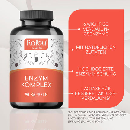 Digestive Enzymes, Enzyme Complex - Bromelain, Papain, Protease, Amylase, Lipase and Lactase - Bacterial Cultures &amp; Natural Calcium for Better Formula - 90 Enteric-Coated Capsules - Raibu