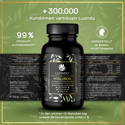 Hyaluron capsules high dose 500mg 90 pieces (3 months) Hyaluronic acid with vitamin C, zinc, selenium, vitamin B2 - laboratory tested, vegan, made in Germany