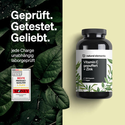 Vitamin C - 360 Capsules - High dosage with 1000mg + 15mg zinc - Plant-fermented &amp; buffered (pH-neutral, acid-free, gentle on the stomach) - Laboratory-tested, vegan, and produced in Germany