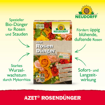 Neudorff Azet Rose Fertilizer – Organic rose fertilizer with 100 days of long-lasting effect ensures long-lasting colorful roses, perennials, and flowering plants, 1 kg, brown