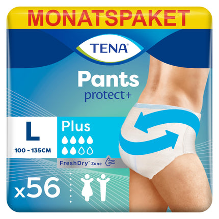 TENA Pants Plus - 56 Pants in a Monthly Pack (4 x 14 Pieces) - Disposable Pants for Women and Men - Breathable Unisex Incontinence Briefs - for Bladder Weakness and Urinary Incontinence - White, Size L