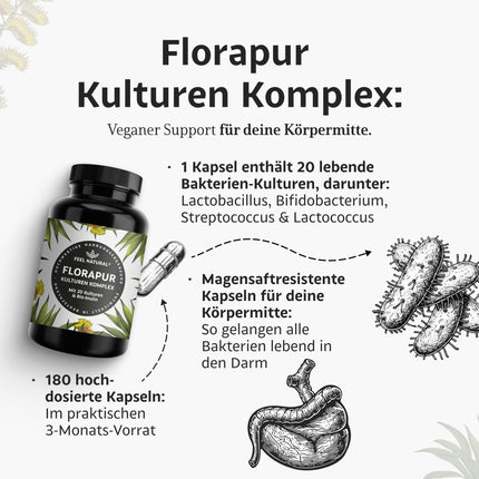 Florapur Culture Complex - 180 gastro-resistant capsules - 3-month supply - 20 bacterial cultures &amp; organic inulin - 20 billion CFU per daily dose - Lactic acid bacteria, bifidobacteria - vegan