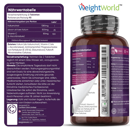 Potassium Tablets - 1460mg per serving - 180 Tablets &amp; Vegan - Muscle Building &amp; Nervous System (EFSA) - 3 Month Supply - Alternative to Potassium Chloride - WeightWorld