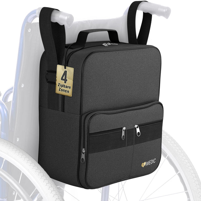 iMedic Deluxe Wheelchair Bag – Backpack for the back of the wheelchair – Spacious storage bag for power wheelchairs &amp; mobility aids – Durable &amp; practical – Black
