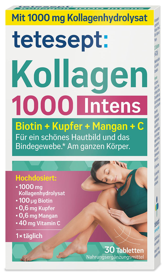 tetesept Collagen 1000 Intens – 1 x 30 tablets – Dietary supplement with collagen, vitamin C, biotin, copper &amp; manganese – For connective tissue and a beautiful complexion
