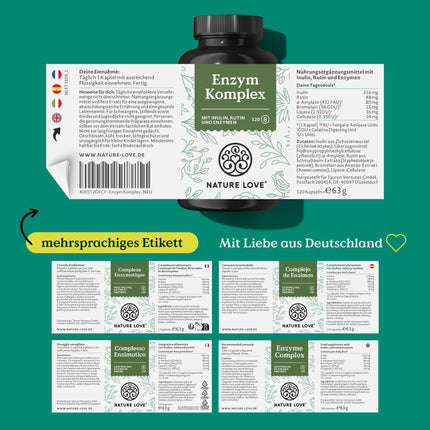 NATURE LOVE® Enzyme Complex - 120 Capsules - incl. Lipase &amp; α-Amylase | with Bromelain, Rutin, Cellulase, and Inulin - Digestive Enzymes in a 4-month supply - vegan, laboratory-tested
