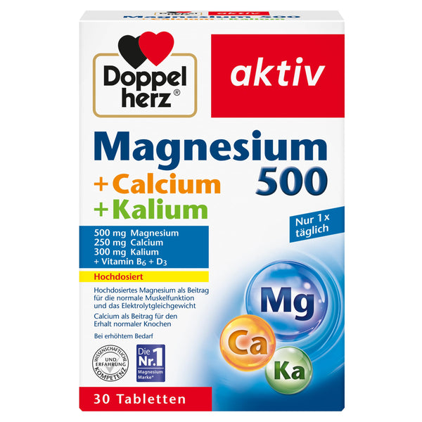 Doppelherz Magnesium 500 + Calcium + Potassium - High-dose magnesium contributes to normal muscle function and electrolyte balance - 30 tablets