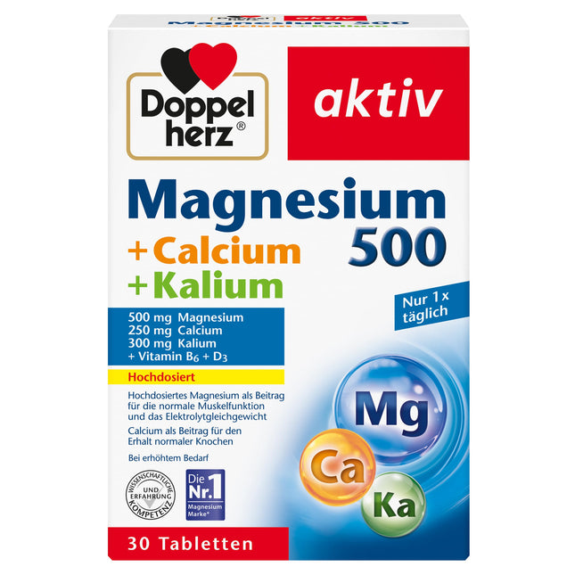 Doppelherz Magnesium 500 + Calcium + Potassium - High-dose magnesium contributes to normal muscle function and electrolyte balance - 30 tablets