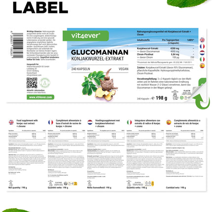 Glucomannan from Konjac Root - 240 Capsules - High Dose with 4200 mg per Daily Serving - Optimized with Chromium - Vegan
