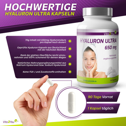 Vita2You Hyaluronic Acid Ultra 650mg - 90 vegan capsules - plant-based from fermentation - 500-700 kDa - High dosage - 3-month supply - no additives - Hyaluron - Premium quality