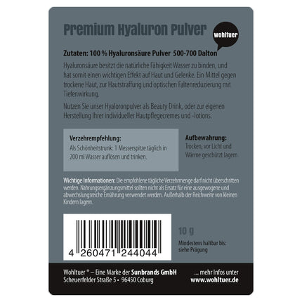 Wohltuer Premium Hyaluron Powder 10g - Pure hyaluronic acid powder with high dosage, low molecular weight hyaluronic acid, pure &amp; vegan - For hyaluronic cosmetic serum, face cream &amp; dietary supplement