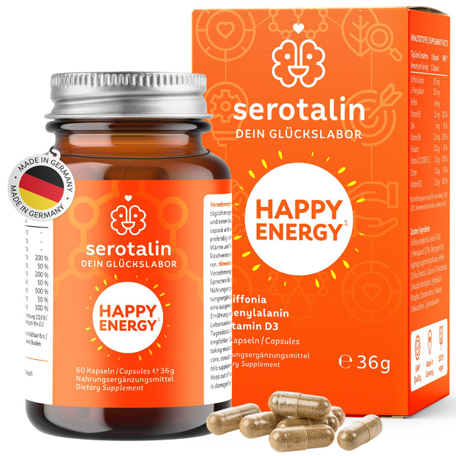 serotalin ORIGINAL HAPPY ENERGY Capsules | +Griffonia +Vitamin D3 high dose +B12 +B6 +Phenylalanine +Zinc +Chromium +Caffeine | 100% vegan &amp; made in Germany | 2 months