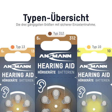 ANSMANN hearing aid batteries type 312 brown P312 ZL3 PR41, 60 pieces, zinc-air 1.4V, storage pack, batteries for hearing aids, easy to reach