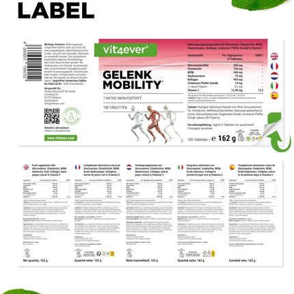 Joint Mobility - 180 tablets - High dose with 7 active ingredients: Glucosamine + Chondroitin + MSM + Hyaluronic Acid + Collagen + Vitamin C + Black Pepper Extract