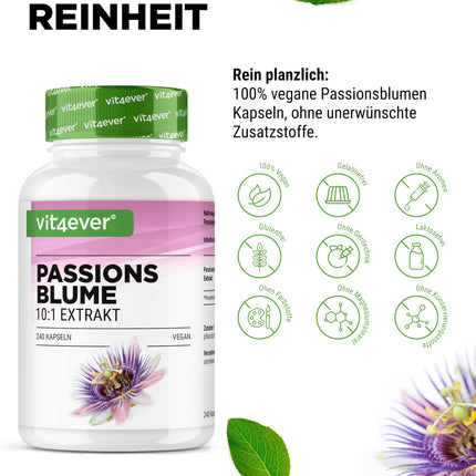 Passionflower Extract - 240 Capsules - Premium: 1100 mg extract 10:1 (equivalent to 11000 mg passionflower) per daily serving - Extra high dosage - No unwanted additives - Vegan - Laboratory tested