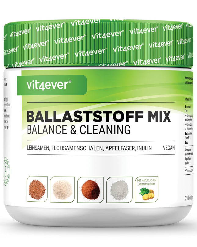 Combination of fiber - 400 g powder with psyllium husks, inulin (prebiotic), apple fiber, flaxseed - High in fiber - Vegan - With natural pineapple flavor - Premium quality