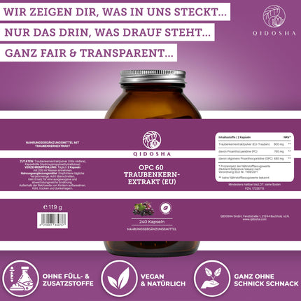 QIDOSHA® Premium OPC Grape Seed Extract High Dose I TEST WINNER 08/2023* I 240 Capsules in a Jar I Grape Seed Extract Capsules High Dose with 60% Pure OPC I Vegan